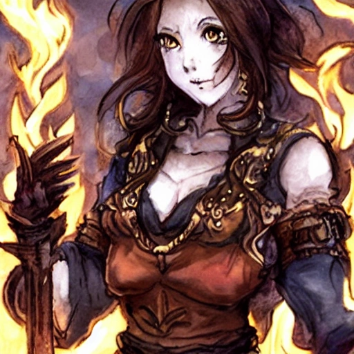 {{{octopath traveler style rpg character art of powerful fantasy flame goddess who is casting a fire spell with her hands}}}, highly detailed, {hyperrealistic waist up portrait of 40 years old magical warrior lady with simple background oil colors}, overflowing energy, dark hair color, wearing light medieval leather armor, wearing jewelry, illustrated, beautiful and detailed eyes, busty, voluptous body,  mysterious and seductive look, sharp focus, elegant, volumetric lighting, smooth, in style of hades videogame character art, 1woman, thick black outlines, cartoony, anime, art by artgerm, trending artstation