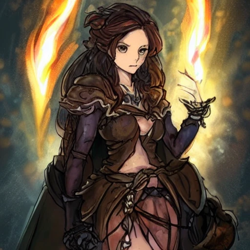 {{{octopath traveler style rpg character art of powerful fantasy flame goddess who is casting a fire spell with her hands}}}, highly detailed, {hyperrealistic waist up portrait of 40 years old magical warrior lady with simple background oil colors}, overflowing energy, dark hair color, wearing light medieval leather armor, wearing jewelry, illustrated, beautiful and detailed eyes, busty, voluptous body,  mysterious and seductive look, sharp focus, elegant, volumetric lighting, smooth, in style of hades videogame character art, 1woman, thick black outlines, cartoony, anime, art by artgerm, trending artstation