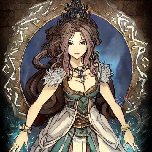 {{{octopath traveler style rpg character art of powerful fantasy goddess of nature who is casting a magic spell with her hands}}}, highly detailed, {hyperrealistic waist up portrait of 40 years old magical mother of earth with simple background oil colors}, overflowing energy, dark hair color, wearing light medieval leather armor, wearing jewelry, illustrated, beautiful and detailed eyes, busty, voluptous body,  mysterious and seductive look, sharp focus, elegant, volumetric lighting, smooth, in style of hades videogame character art, 1woman, thick black outlines, cartoony, anime, art by artgerm, trending artstation