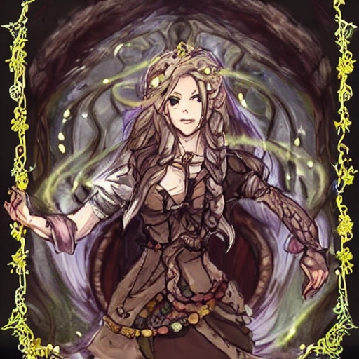 {{{octopath traveler style rpg character art of powerful fantasy goddess of nature who is casting a magic spell with her hands}}}, highly detailed, {hyperrealistic waist up portrait of 40 years old magical mother of earth with simple background oil colors}, overflowing energy, dark hair color, wearing light medieval leather armor, wearing jewelry, illustrated, beautiful and detailed eyes, busty, voluptous body,  mysterious and seductive look, sharp focus, elegant, volumetric lighting, smooth, in style of hades videogame character art, 1woman, thick black outlines, cartoony, anime, art by artgerm, trending artstation