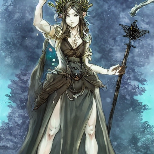 {{{octopath traveler style rpg character art of powerful fantasy goddess of nature who is casting a magic spell with her hands}}}, highly detailed, {hyperrealistic waist up portrait of 30 years old forest druid princess with simple background oil colors}, overflowing energy, dark hair color, wearing light medieval leather robe clothing, wearing jewelry, illustrated, beautiful and detailed eyes, busty, voluptous body,  mysterious and seductive look, sharp focus, elegant, volumetric lighting, smooth, in style of hades videogame character art, 1woman, thick black outlines, cartoony, anime, art by artgerm, trending artstation