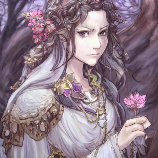 {{{octopath traveler style rpg character art of powerful fantasy goddess of nature who is holding a magical flower in her hand}}}, highly detailed, {hyperrealistic waist up portrait of 30 years old forest druid princess with simple background oil colors}, overflowing energy, dark hair color, wearing light medieval robe clothing, wearing jewelry, illustrated, beautiful and detailed eyes, busty, voluptous body,  mysterious and seductive look, sharp focus, elegant, volumetric lighting, smooth, in style of hades videogame character art, 1woman, thick black outlines, cartoony, anime, art by artgerm, trending artstation