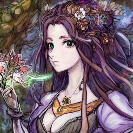 {{{octopath traveler style rpg character art of powerful fantasy goddess of nature who is holding a magical flower in her hand}}}, highly detailed, {hyperrealistic waist up portrait of 30 years old forest druid princess with simple background oil colors}, overflowing energy, dark hair color, wearing light medieval robe clothing, wearing jewelry, illustrated, beautiful and detailed eyes, busty, voluptous body,  mysterious and seductive look, sharp focus, elegant, volumetric lighting, smooth, in style of hades videogame character art, 1woman, thick black outlines, cartoony, anime, art by artgerm, trending artstation