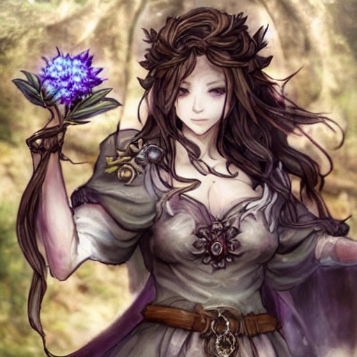 {{{octopath traveler style rpg character art of powerful fantasy goddess of nature who is holding a magical flower in her hand}}}, highly detailed, {hyperrealistic waist up portrait of 30 years old forest druid princess with simple background oil colors}, overflowing energy, dark hair color, wearing light medieval robe clothing, wearing jewelry, illustrated, beautiful and detailed eyes, busty, voluptous body,  mysterious and seductive look, sharp focus, elegant, volumetric lighting, smooth, in style of hades videogame character art, 1woman, thick black outlines, cartoony, anime, art by artgerm, trending artstation