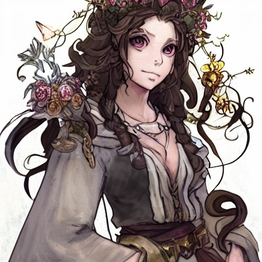 {{{octopath traveler style rpg character art of powerful fantasy goddess of nature who is holding a magical flower in her hand}}}, highly detailed, {hyperrealistic waist up portrait of 30 years old forest druid princess with simple background oil colors}, overflowing energy, dark hair color, wearing light medieval robe clothing, wearing jewelry, illustrated, beautiful and detailed eyes, busty, voluptous body,  mysterious and seductive look, sharp focus, elegant, volumetric lighting, smooth, in style of hades videogame character art, 1woman, thick black outlines, cartoony, anime, art by artgerm, trending artstation