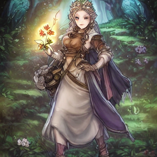 {{{octopath traveler style rpg character art of powerful fantasy goddess of nature who is holding a magical flower in her hand}}}, highly detailed, {hyperrealistic waist up portrait of 22 years old forest druid princess with simple background oil colors}, overflowing energy, dark hair color, wearing light medieval robe clothing, wearing jewelry, illustrated, beautiful and detailed eyes, busty, voluptous body,  mysterious and seductive look, sharp focus, elegant, volumetric lighting, smooth, in style of hades videogame character art, 1woman, thick black outlines, cartoony, anime, art by artgerm, trending artstation