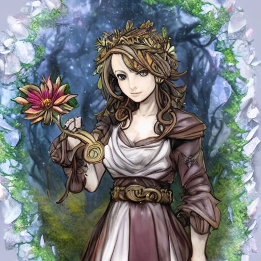 {{{octopath traveler style rpg character art of powerful fantasy goddess of nature who is holding a magical flower in her hand}}}, highly detailed, {hyperrealistic waist up portrait of 18 years old forest druid princess with simple background oil colors}, overflowing energy, dark hair color, wearing light medieval robe clothing, wearing jewelry, illustrated, beautiful and detailed eyes, busty, strong body,  mysterious and seductive look, sharp focus, elegant, volumetric lighting, smooth, in style of hades videogame character art, 1woman, thick black outlines, cartoony, anime, art by artgerm, trending artstation