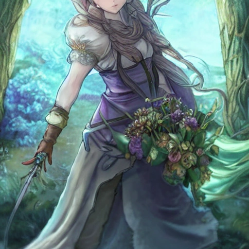 {{{octopath traveler style rpg character art of powerful fantasy goddess of nature who is holding a magical flower in her hand}}}, highly detailed, {hyperrealistic waist up portrait of 18 years old forest druid princess with simple background oil colors}, overflowing energy, light hair color, wearing light medieval robe clothing, wearing jewelry, illustrated, beautiful and detailed eyes, busty, strong body,  mysterious and seductive look, sharp focus, elegant, volumetric lighting, smooth, in style of hades videogame character art, 1woman, thick black outlines, cartoony, anime, art by artgerm, trending artstation