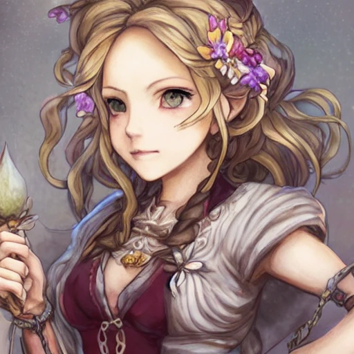 {{{octopath traveler style rpg character art of fantasy farm maiden who is holding a flower in her hand}}}, highly detailed, {hyperrealistic waist up portrait of 18 years old magical woman with simple background oil colors}, overflowing energy, light hair color, wearing light medieval robe clothing, wearing jewelry, illustrated, beautiful and detailed eyes, busty, strong body,  mysterious and seductive look, sharp focus, elegant, volumetric lighting, smooth, in style of hades videogame character art, 1woman, thick black outlines, cartoony, anime, art by artgerm, trending artstation