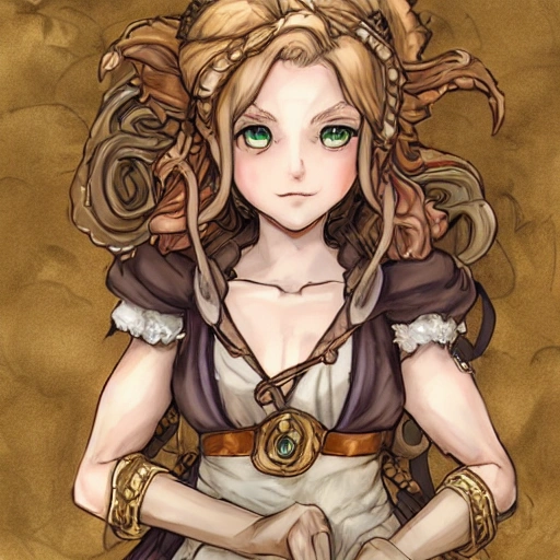 {{{octopath traveler style rpg character art of fantasy farm maiden}}}, highly detailed, {hyperrealistic waist up portrait of 18 years old magical woman with simple background oil colors}, overflowing energy, light hair color, wearing light medieval linen dress, wearing jewelry, illustrated, beautiful and detailed eyes, busty, strong body,  mysterious and seductive look, sharp focus, elegant, volumetric lighting, smooth, in style of hades videogame character art, 1woman, thick black outlines, cartoony, anime, art by artgerm, trending artstation