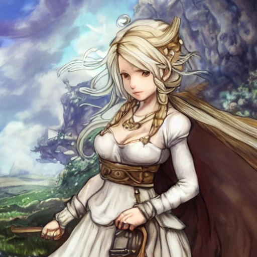 {{{octopath traveler style rpg character art of fantasy farm maiden}}}, highly detailed, {hyperrealistic waist up portrait of 25 years old Scandinavian woman with simple background oil colors}, overflowing energy, light hair color, wearing light medieval white linen dress, wearing necklace, illustrated, beautiful and detailed eyes, busty, mysterious and seductive look, sharp focus, elegant, volumetric lighting, smooth, in style of hades videogame character art, 1woman, thick black outlines, cartoony, anime, art by artgerm, trending artstation