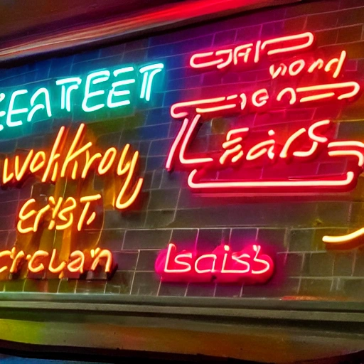 'sweet, salty, crispy' neon sign in a theme park
