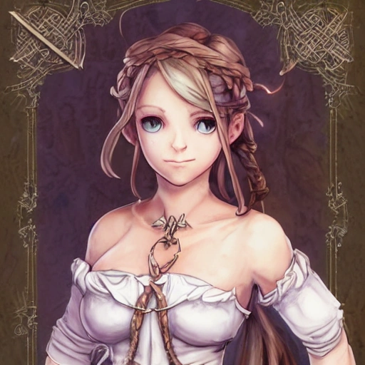 {{{octopath traveler style rpg character art of fantasy farm maiden}}}, highly detailed, {hyperrealistic waist up portrait of 30 years old Scandinavian woman with simple background oil colors}, overflowing energy, ponytail hair light color, wearing light medieval white linen dress, wearing necklace, illustrated, beautiful and detailed eyes, busty, mysterious and seductive look, sharp focus, elegant, volumetric lighting, smooth, in style of hades videogame character art, 1woman, thick black outlines, cartoony, anime, art by artgerm, trending artstation