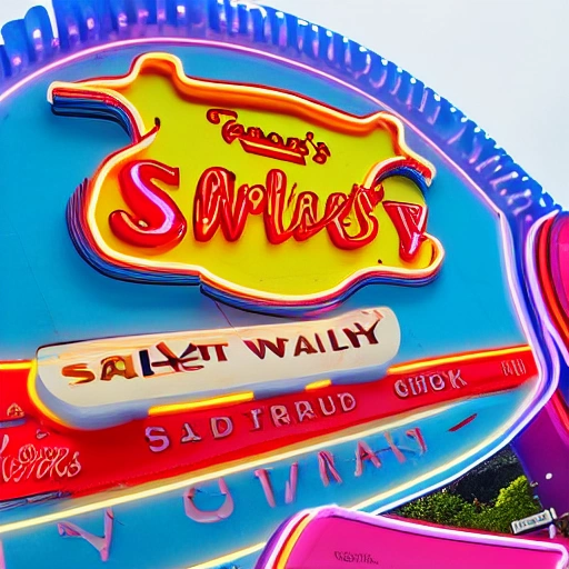 words 'sweet, salty, crispy' as neon sign in a theme park, wide image
, 3D