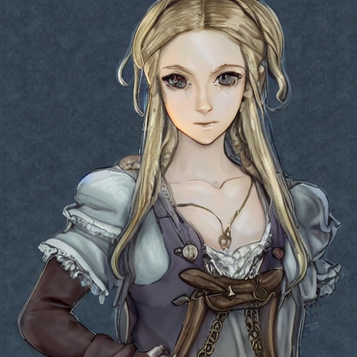 {{{octopath traveler style rpg character art of fantasy farm maiden}}}, highly detailed, {hyperrealistic waist up portrait of 30 years old Scandinavian woman with simple background oil colors}, overflowing energy, ponytail hair light color, wearing light medieval white linen dress, wearing necklace, illustrated, beautiful and detailed eyes, busty, mysterious and seductive look, sharp focus, elegant, volumetric lighting, smooth, in style of hades videogame character art, 1woman, thick black outlines, cartoony, anime, art by artgerm, trending artstation