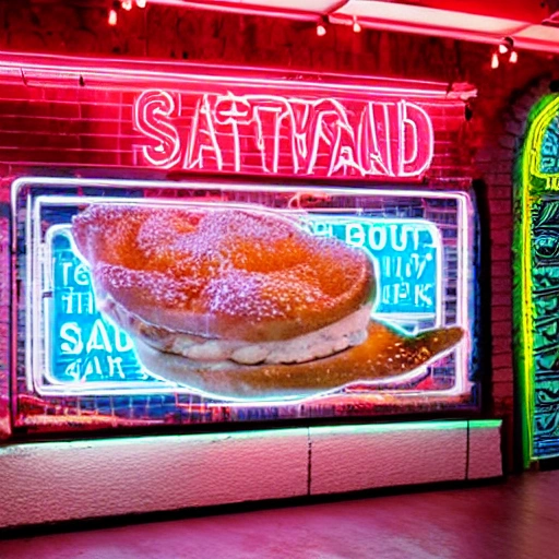 words 'sweet, salty, crispy' as neon sign in a theme park, wide image
, 3D