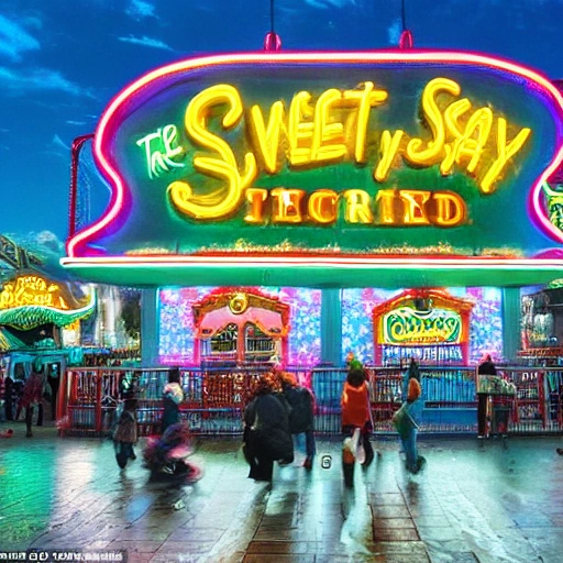 the words 'sweet, salty, crispy' as neon sign in a theme park, lots of rides and people, wide image