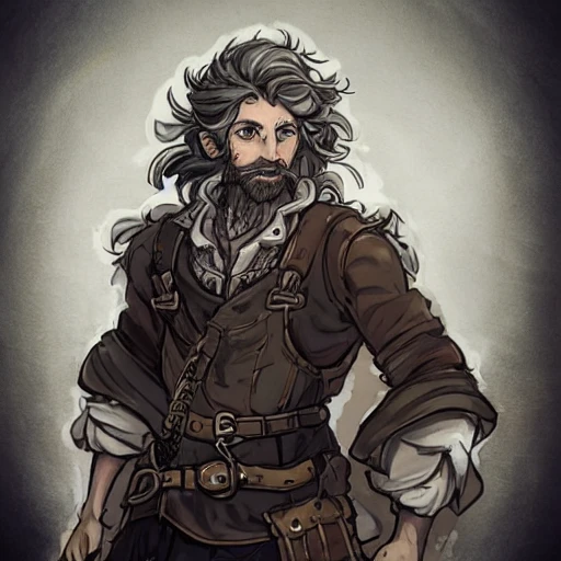 {{{octopath traveler style rpg character art of experienced male blacksmith}}}, highly detailed, {hyperrealistic waist up portrait of 30 years old heroic man with simple background oil colors}, overflowing energy, long hair and short beard, wearing light medieval leather clothing, illustrated, beautiful and detailed eyes, mysterious and serious look, sharp focus, elegant, volumetric lighting, smooth, in style of hades videogame character art, 1woman, thick black outlines, cartoony, anime, art by artgerm, trending artstation