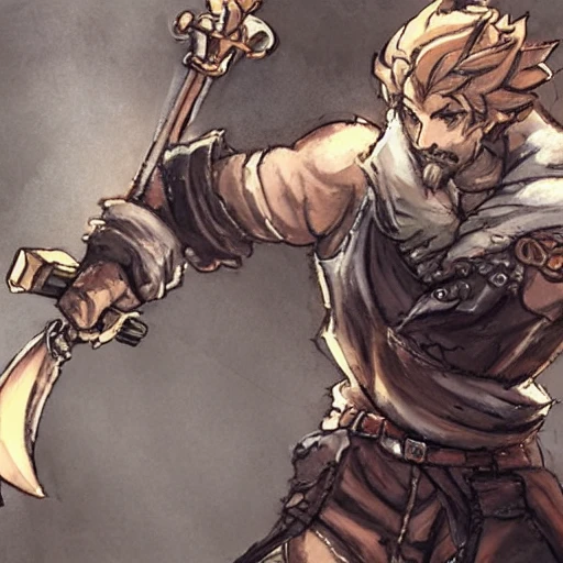 {{{octopath traveler style rpg character art of male blacksmith}}}, highly detailed, {hyperrealistic waist up portrait of 30 years old heroic man with simple background oil colors}, overflowing energy, short beard, red hair, wearing light medieval leather clothing, illustrated, beautiful and detailed eyes, mysterious and serious look, sharp focus, elegant, volumetric lighting, smooth, in style of hades videogame character art, 1man, thick black outlines, cartoony, anime, art by artgerm, trending artstation