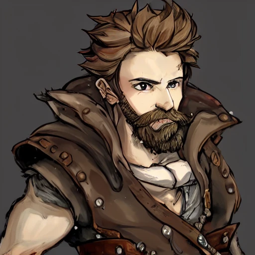 {{{octopath traveler style rpg character art of male blacksmith}}}, highly detailed, {hyperrealistic waist up portrait of 30 years old heroic man with simple background oil colors}, overflowing energy, short beard, red hair, wearing light medieval leather clothing, illustrated, beautiful and detailed eyes, mysterious and serious look, sharp focus, elegant, volumetric lighting, smooth, in style of hades videogame character art, 1man, thick black outlines, cartoony, anime, art by artgerm, trending artstation