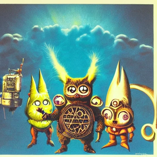 Airbrush illustration, fantasy, scene from wickerman 1973, Furby, kawaii, glowing, hylics videogame