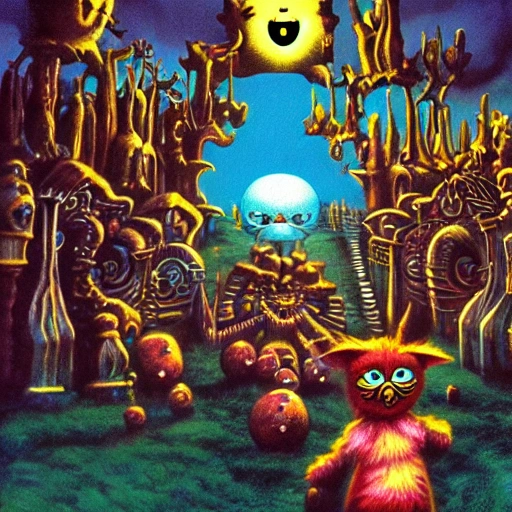 Airbrush illustration, fantasy, scene from wickerman 1973, Furby, kawaii, glowing, hylics videogame, fantasy land