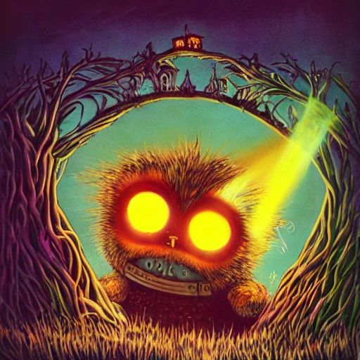Airbrush illustration, fantasy, scene from wickerman 1973, Furby, kawaii, glowing, hylics videogame, fantasy land, castle made of roots