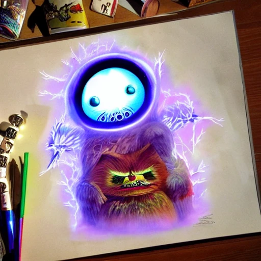 Airbrush illustration, fantasy, scene from wickerman 1973, Furby, kawaii, glowing, hylics videogame, fantasy land, castle made of roots