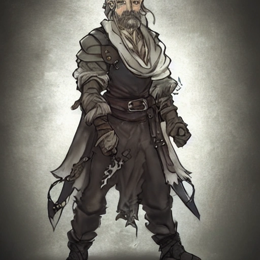 {{{octopath traveler style fantasy rpg character art of male blacksmith with long dark hair and short beard}}}, highly detailed, {hyperrealistic waist up portrait of 50 years old heroic man with simple background oil colors}, wearing light medieval leather clothing, illustrated, beautiful and detailed eyes, mysterious and serious look, sharp focus, elegant, volumetric lighting, smooth, in style of hades videogame character art, 1man, thick black outlines, cartoony, anime, art by artgerm, trending artstation