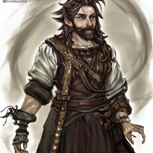 {{{octopath traveler style fantasy rpg character art of male blacksmith with long dark hair and short beard}}}, highly detailed, {hyperrealistic waist up portrait of 50 years old heroic man with simple background oil colors}, wearing light medieval leather clothing, illustrated, beautiful and detailed eyes, mysterious and serious look, sharp focus, elegant, volumetric lighting, smooth, in style of hades videogame character art, 1man, thick black outlines, cartoony, anime, art by artgerm, trending artstation