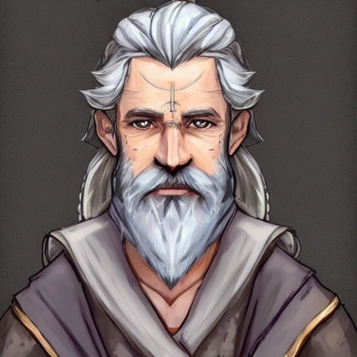 {{{octopath traveler style fantasy rpg character art of male adventurer with manbun grey hair and short grey beard}}}, highly detailed, {hyperrealistic waist up portrait of 60 years old heroic man with simple background oil colors}, wearing light medieval robe, illustrated, beautiful and detailed eyes, skinny body, mysterious and serious look, sharp focus, elegant, volumetric lighting, smooth, in style of hades videogame character art, 1man, thick black outlines, cartoony, anime, art by artgerm, trending artstation