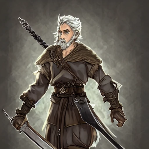 {{{octopath traveler style fantasy rpg character art of male adventurer warrior with manbun grey hair and short grey beard}}}, highly detailed, {hyperrealistic waist up portrait of 60 years old heroic man with simple background oil colors}, wearing light medieval robe, illustrated, beautiful and detailed eyes, skinny body, mysterious and serious look, sharp focus, elegant, volumetric lighting, smooth, in style of hades videogame character art, 1man, thick black outlines, cartoony, anime, art by artgerm, trending artstation