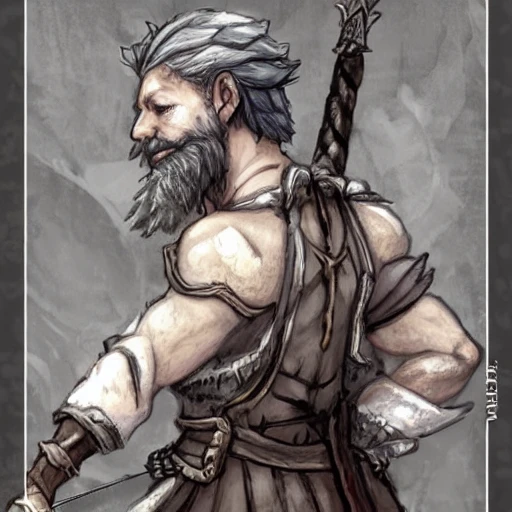 {{{octopath traveler style fantasy rpg character art of male adventurer warrior with manbun grey hair and short grey beard}}}, highly detailed, {hyperrealistic waist up portrait of 60 years old heroic man with simple background oil colors}, wearing light medieval robe, illustrated, beautiful and detailed eyes, skinny body, mysterious and serious look, sharp focus, elegant, volumetric lighting, smooth, in style of hades videogame character art, 1man, thick black outlines, cartoony, anime, art by artgerm, trending artstation