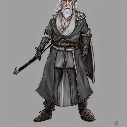 {{{octopath traveler style fantasy rpg character art of male adventurer warrior with grey hair and short grey beard}}}, highly detailed, {hyperrealistic waist up portrait of 60 years old heroic man with simple background oil colors}, wearing light medieval robe, illustrated, beautiful and detailed eyes, skinny body, mysterious and serious look, sharp focus, elegant, volumetric lighting, smooth, in style of hades videogame character art, 1man, thick black outlines, cartoony, anime, art by artgerm, trending artstation