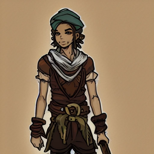 {{{octopath traveler style fantasy rpg character art of traveling merchant boy with brown skin}}}, highly detailed, {hyperrealistic waist up portrait of 30 years old man with a backpack with simple background oil colors}, wearing light medieval linen clothing, long light colored hair, illustrated, beautiful and detailed eyes, skinny body, mysterious and serious look, sharp focus, elegant, volumetric lighting, smooth, in style of hades videogame character art, 1man, thick black outlines, cartoony, anime, art by artgerm, trending artstation