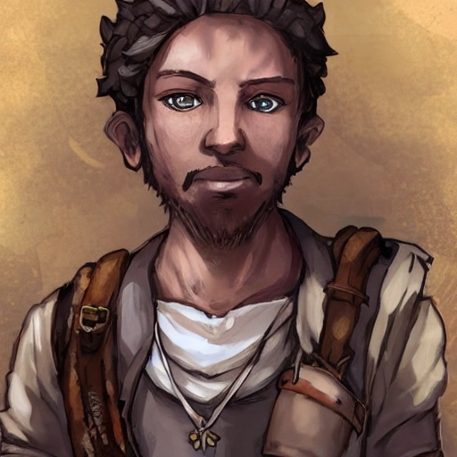 {{{octopath traveler style fantasy rpg character art of traveling merchant boy with brown skin}}}, highly detailed, {hyperrealistic waist up portrait of 40 years old man with a backpack with simple background oil colors}, wearing light medieval linen clothing, illustrated, beautiful and detailed eyes, very short air, skinny body, mysterious and serious look, sharp focus, elegant, volumetric lighting, smooth, in style of hades videogame character art, 1man, thick black outlines, cartoony, anime, art by artgerm, trending artstation