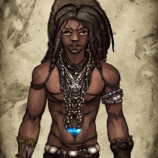 {{{octopath traveler style fantasy rpg character art of voodoo shaman with brown skin}}}, highly detailed, {hyperrealistic waist up portrait of 40 years old man with simple background oil colors}, wearing medieval animal skin clothing, wearing necklaces and talismans, illustrated, beautiful and detailed eyes, very short air, skinny body, mysterious and serious look, sharp focus, elegant, volumetric lighting, smooth, in style of hades videogame character art, 1man, thick black outlines, cartoony, anime, art by artgerm, trending artstation