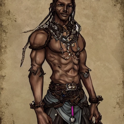 {{{octopath traveler style fantasy rpg character art of voodoo shaman with brown skin}}}, highly detailed, {hyperrealistic waist up portrait of 40 years old man who knows dark magic with simple background oil colors}, wearing medieval animal leather clothing, wearing necklaces and talismans, illustrated, detailed eyes, very short dark hair, skinny body, mysterious and serious look, sharp focus, elegant, volumetric lighting, smooth, in style of hades videogame character art, 1man, thick black outlines, cartoony, anime, art by artgerm, trending artstation