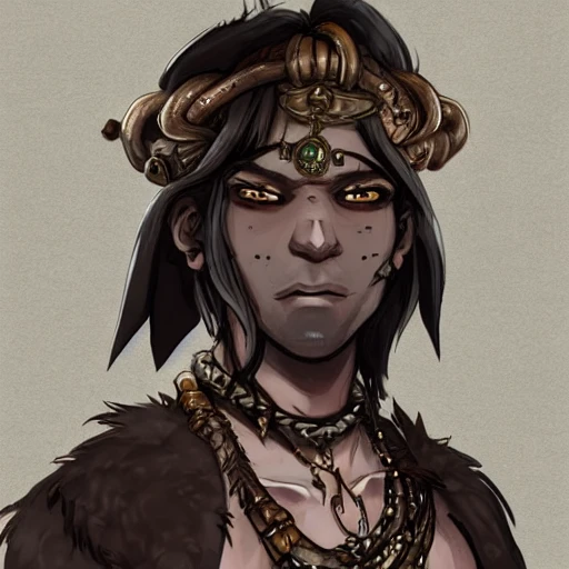 {{{octopath traveler style fantasy rpg character art of voodoo shaman with brown skin}}}, highly detailed, {hyperrealistic waist up portrait of 40 years old man who knows dark magic with simple background oil colors}, wearing medieval animal leather clothing, wearing necklaces and talismans, illustrated, detailed eyes, very short dark hair, skinny body, mysterious and serious look, sharp focus, elegant, volumetric lighting, smooth, in style of hades videogame character art, 1man, thick black outlines, cartoony, anime, art by artgerm, trending artstation