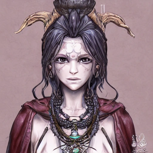 {{{octopath traveler style fantasy rpg character art of female voodoo shaman}}}, highly detailed, {hyperrealistic waist up portrait of 40 years old lady who knows dark magic with simple background oil colors}, wearing medieval animal leather robe, wearing necklaces and talismans, illustrated, detailed eyes, dark hair, skinny body, mysterious and serious look, sharp focus, elegant, volumetric lighting, smooth, in style of hades videogame character art, 1man, thick black outlines, cartoony, anime, art by artgerm, trending artstation