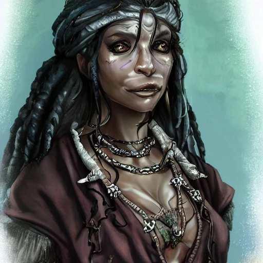 {{{octopath traveler style fantasy rpg character art of female voodoo shaman}}}, highly detailed, {hyperrealistic waist up portrait of 40 years old lady who knows dark magic with simple background oil colors}, wearing medieval animal leather robe, wearing necklaces and talismans, long hair, illustrated, detailed eyes, dark hair, skinny body, mysterious and serious look, sharp focus, elegant, volumetric lighting, smooth, in style of hades videogame character art, 1man, thick black outlines, cartoony, anime, art by artgerm, trending artstation