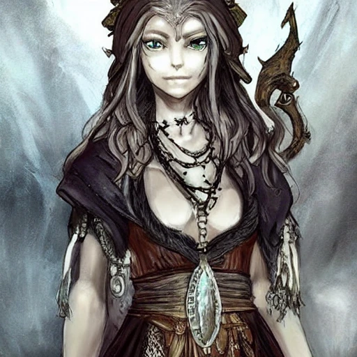 {{{octopath traveler style fantasy rpg character art of female nordic voodoo shaman}}}, highly detailed, {hyperrealistic waist up portrait of 40 years old lady who knows dark magic with simple background oil colors}, wearing medieval animal leather robe, wearing necklaces and talismans, long hair, illustrated, detailed eyes, dark hair, skinny body, mysterious and serious look, sharp focus, elegant, volumetric lighting, smooth, in style of hades videogame character art, 1man, thick black outlines, cartoony, anime, art by artgerm, trending artstation