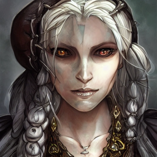 {{{octopath traveler style fantasy rpg character art of female nordic voodoo shaman}}}, highly detailed, {hyperrealistic waist up portrait of 30 years old lady who knows dark magic with simple background oil colors}, wearing medieval animal leather robe, wearing necklaces and talismans, long hair, illustrated, detailed eyes, dark hair, skinny body, mysterious and seductive look, sharp focus, elegant, volumetric lighting, smooth, in style of hades videogame character art, 1woman, thick black outlines, cartoony, anime, art by artgerm, trending artstation