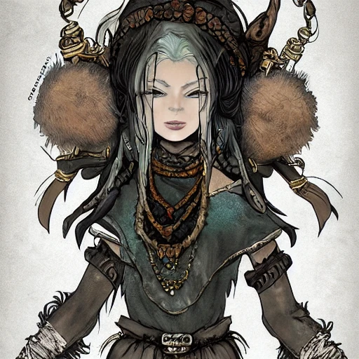 {{{octopath traveler style fantasy rpg character art of female nordic voodoo shaman}}}, highly detailed, {hyperrealistic waist up portrait of 30 years old lady who knows dark magic with simple background oil colors}, wearing medieval animal leather robe, wearing necklaces and talismans, long hair, illustrated, beautiful and detailed eyes, dark hair, skinny body, mysterious and seductive look, sharp focus, elegant, volumetric lighting, smooth, in style of hades videogame character art, 1woman, thick black outlines, cartoony, anime, art by artgerm, trending artstation