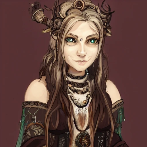 {{{octopath traveler style fantasy rpg character art of smiling female nordic voodoo shaman}}}, highly detailed, {hyperrealistic upper body portrait of 30 years old lady who knows dark magic with simple background oil colors}, wearing medieval animal leather robe, wearing necklaces and talismans, long hair, illustrated, beautiful and detailed eyes, dark hair, skinny body, mysterious mage, sharp focus, elegant, volumetric lighting, smooth, in style of hades videogame character art, 1woman, thick black outlines, cartoony, anime, art by artgerm, trending artstation