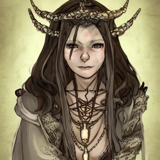 {{{octopath traveler style fantasy rpg character art of slightly smiling female nordic voodoo shaman}}}, highly detailed, {hyperrealistic upper body portrait of 30 years old lady who knows dark magic with simple background oil colors}, wearing medieval animal leather robe, wearing necklaces and talismans, long hair, illustrated, beautiful and detailed eyes, dark hair, skinny body, mysterious mage, sharp focus, elegant, volumetric lighting, smooth, in style of hades videogame character art, 1woman, thick black outlines, cartoony, anime, art by artgerm, trending artstation