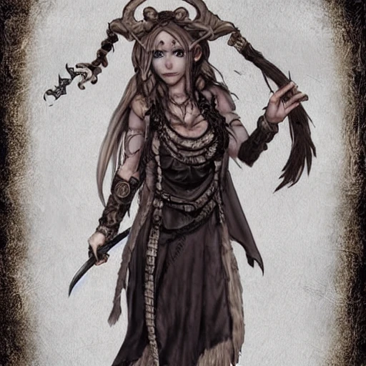 {{{octopath traveler style fantasy rpg character art of female nordic voodoo shaman}}}, highly detailed, {hyperrealistic upper body portrait of 30 years old lady who knows dark magic with simple background oil colors}, wearing medieval animal leather robe, wearing necklaces and talismans, long hair, illustrated, beautiful and detailed eyes, dark hair, skinny body, mysterious mage, sharp focus, elegant, volumetric lighting, smooth, in style of hades videogame character art, 1woman, thick black outlines, cartoony, anime, art by artgerm, trending artstation