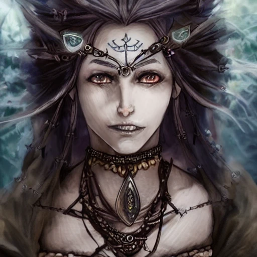 {{{octopath traveler style fantasy rpg character art of beautiful female nordic voodoo shaman}}}, highly detailed, {hyperrealistic upper body portrait of 30 years old lady who knows dark magic with simple background oil colors}, wearing medieval animal leather robe, wearing necklaces and talismans, long hair, illustrated, beautiful and detailed eyes, dark hair, skinny body, mysterious mage, sharp focus, elegant, volumetric lighting, smooth, in style of hades videogame character art, 1woman, thick black outlines, cartoony, anime, art by artgerm, trending artstation