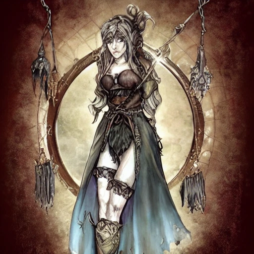 {{{octopath traveler style fantasy rpg character art of beautiful female nordic voodoo shaman}}}, highly detailed, {hyperrealistic upper body portrait of 30 years old woman who knows dark magic with simple background oil colors}, wearing medieval animal leather robe, wearing necklaces and talismans, long hair, illustrated, beautiful and detailed eyes, dark hair, skinny body, mysterious mage, sharp focus, elegant, volumetric lighting, smooth, in style of hades videogame character art, 1woman, thick black outlines, cartoony, anime, art by artgerm, trending artstation