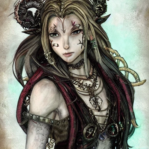 {{{octopath traveler style fantasy rpg character art of beautiful female nordic voodoo shaman}}}, highly detailed, {hyperrealistic upper body portrait of 20 years old woman who knows dark magic with simple background oil colors}, wearing medieval animal leather robe, wearing necklaces and talismans, long hair, illustrated, beautiful and detailed eyes, dark hair, skinny body, mysterious mage, sharp focus, elegant, volumetric lighting, smooth, in style of hades videogame character art, 1woman, thick black outlines, cartoony, anime, art by artgerm, trending artstation